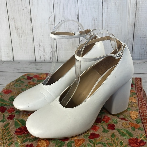 Marimekko White Block Heel Leather Ankle Strap Heels - Picture 2 of 11